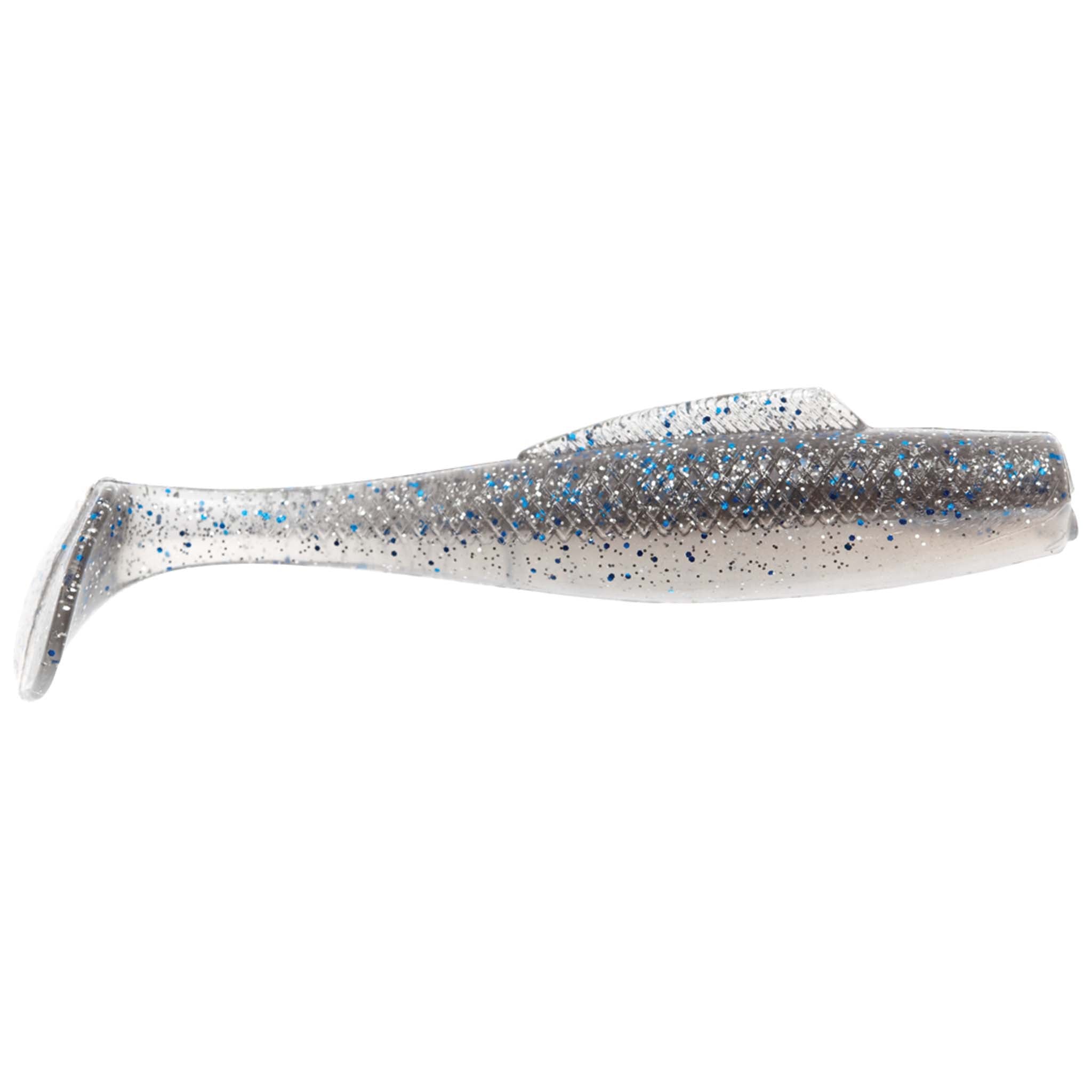 Soft plastic minnow lure, silver-white with blue glitter specks and paddle tail