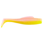 Soft plastic minnow lure, translucent orange-pink top with yellow chartreuse side and tail