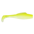 Soft plastic minnow lure, neon yellow-green body with textured scales and paddle tail