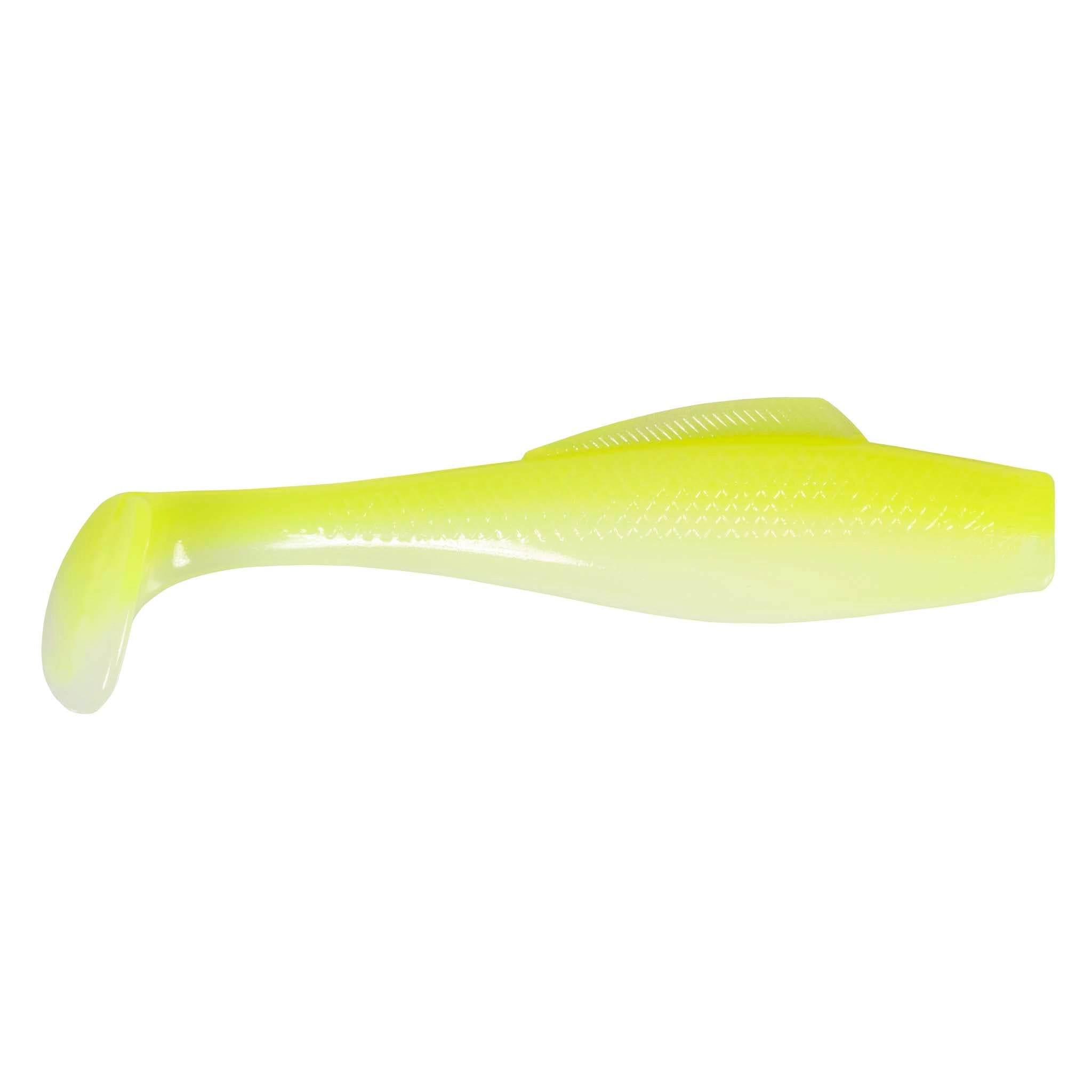 Soft plastic minnow lure, neon yellow-green body with textured scales and paddle tail