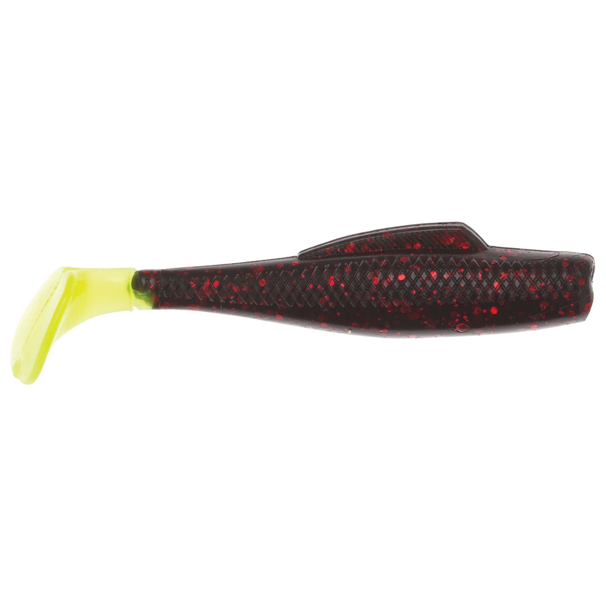 Soft plastic minnow lure, dark red-black speckled body with chartreuse tail