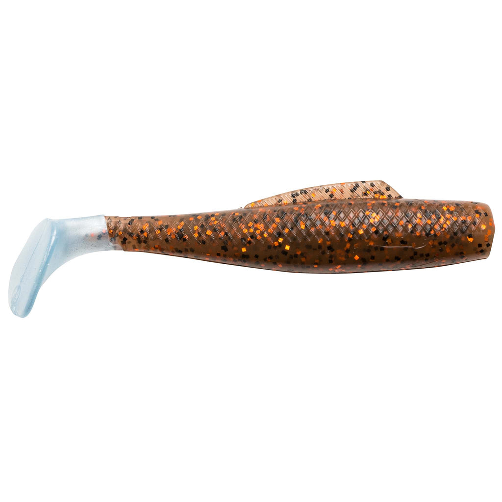 Soft plastic minnow lure, orange-brown speckled body with light blue-tinted tail