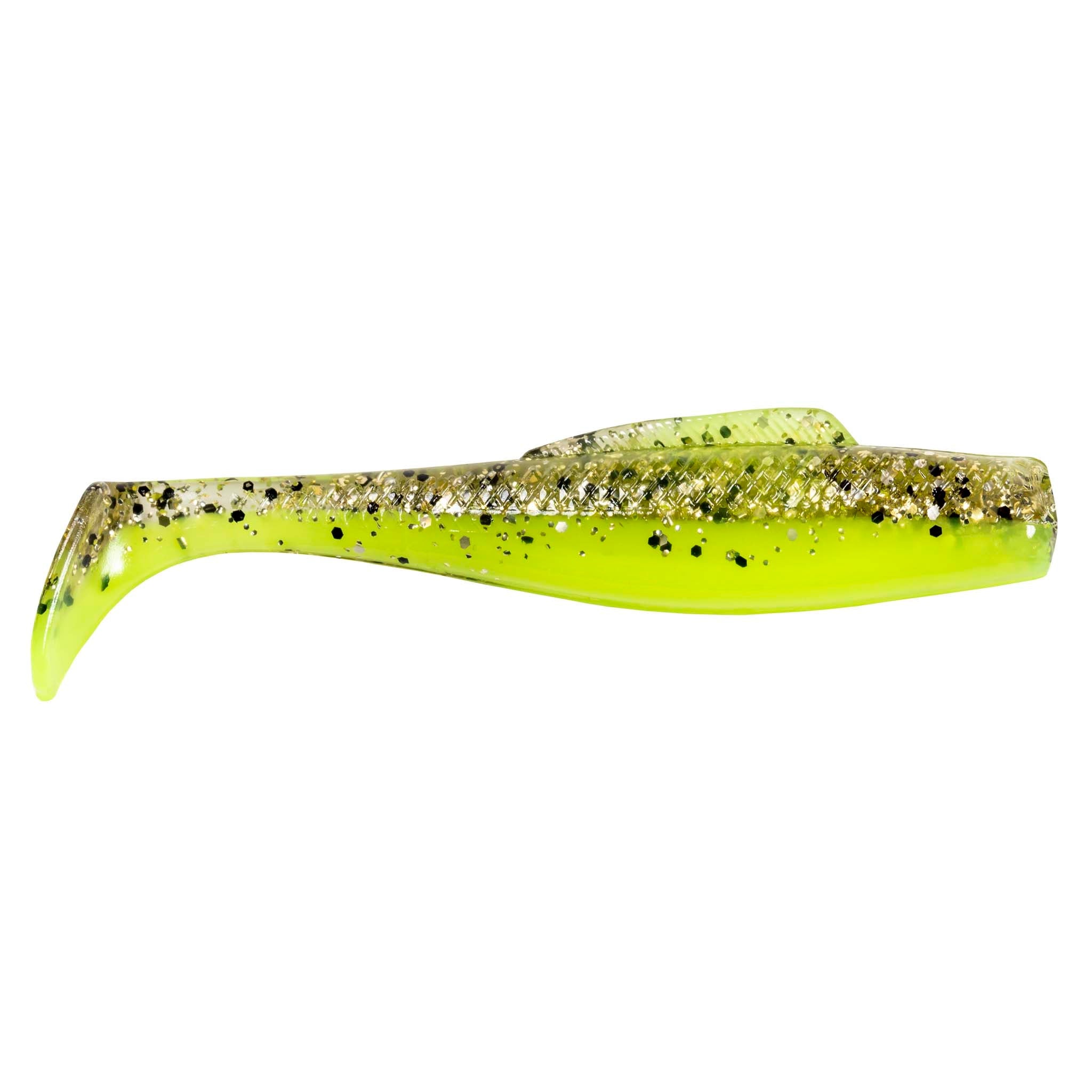Soft plastic fishing lure, neon lime green with black speckles and translucent tail
