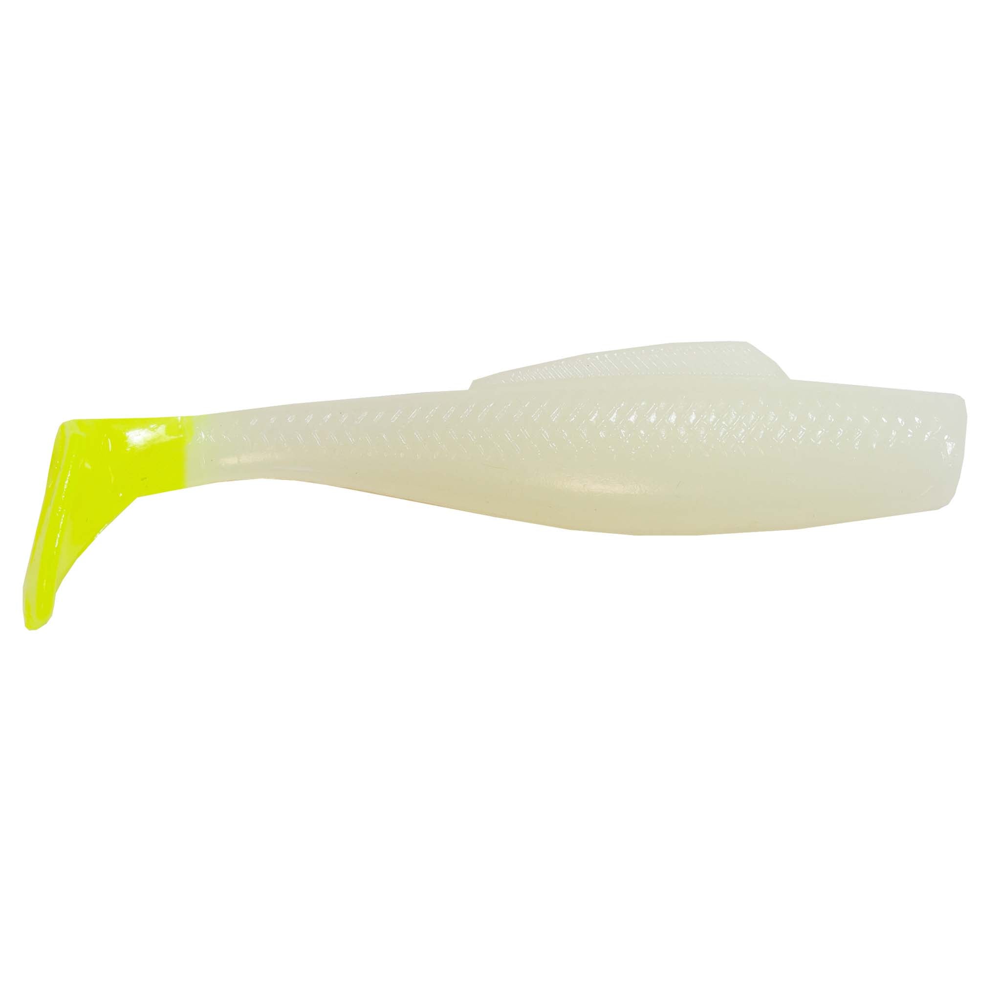 Soft plastic fishing lure, white translucent body with neon chartreuse tail