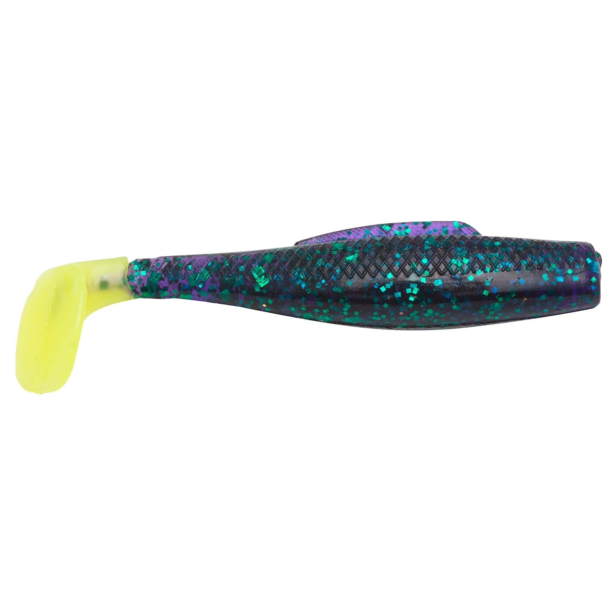Soft plastic minnow lure, teal-green and purple glitter with chartreuse paddle tail