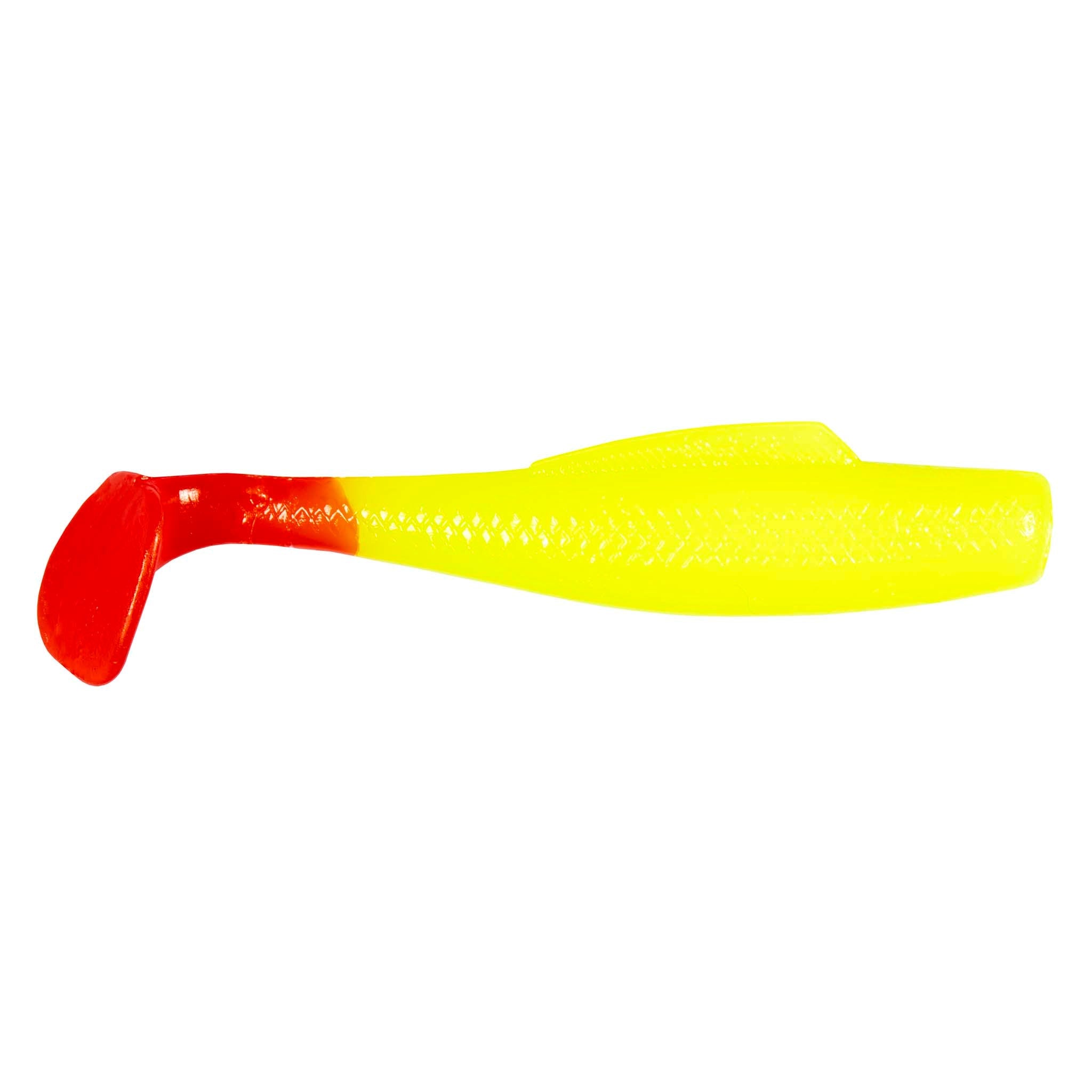 Soft plastic minnow lure with yellow body and red tail fin