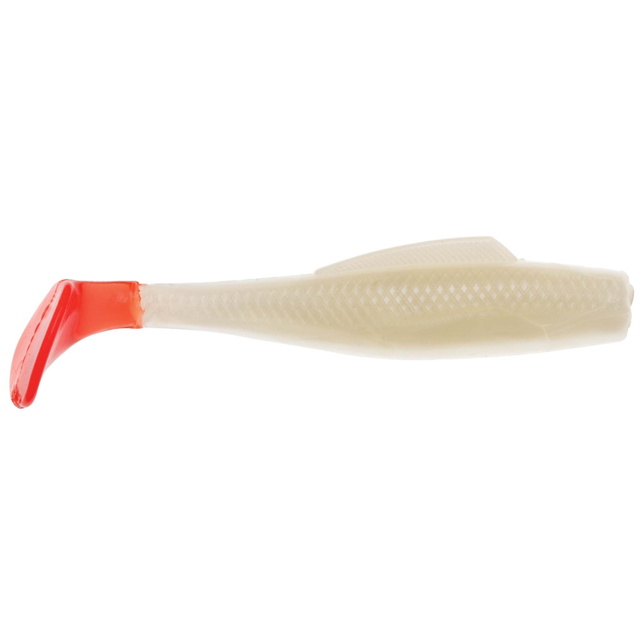 Soft plastic minnow lure with off-white translucent body and red tail fin