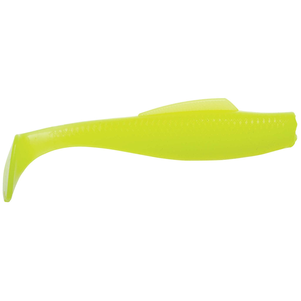 Soft plastic minnow lure with bright lime green body and fin