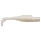 Soft plastic minnow lure with translucent white body and curved tail