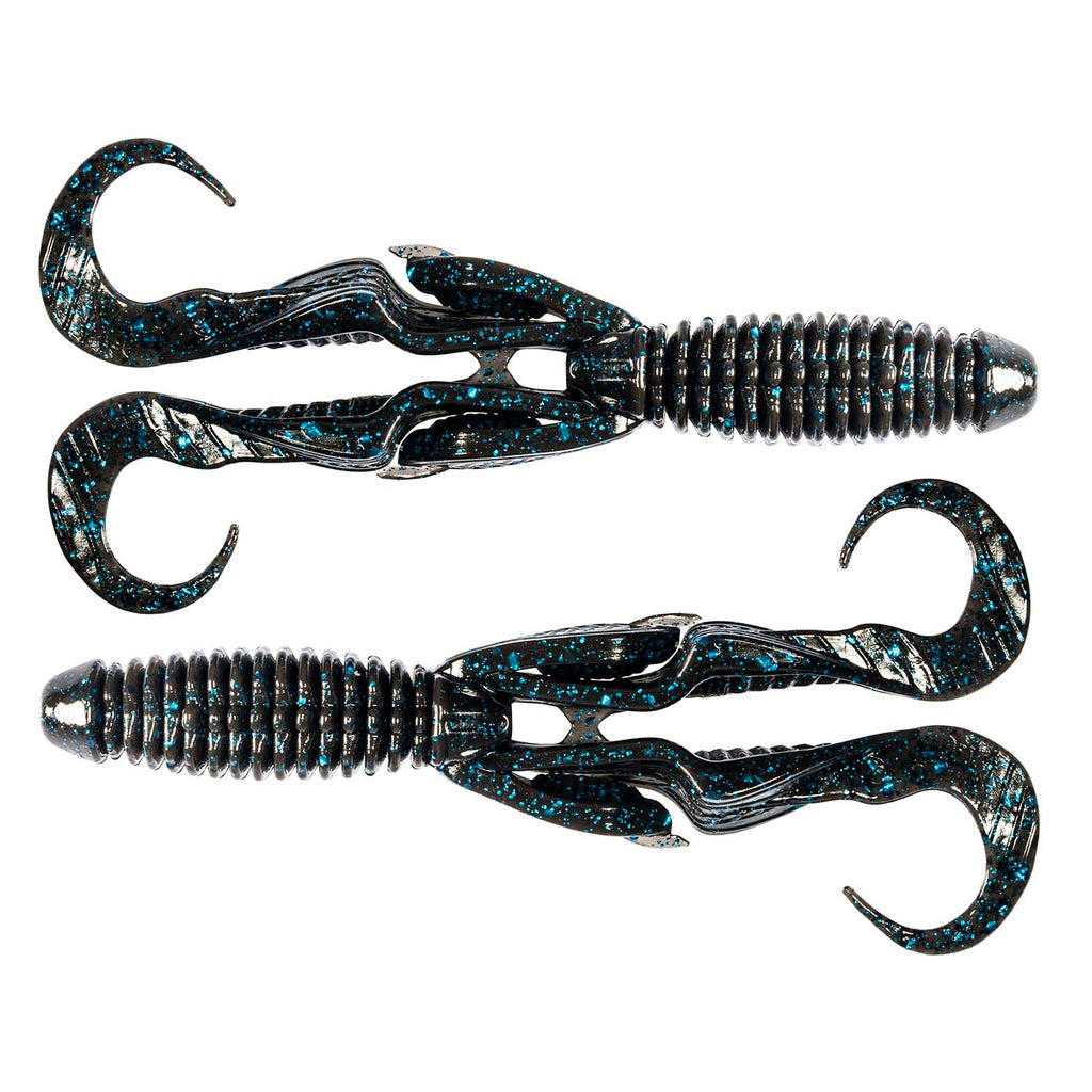Gremlin soft plastic fishing lure, black and blue glitter body with ribbed twin tail fins