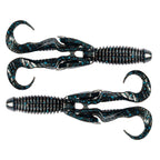 Gremlin soft plastic fishing lure, black and blue glitter body with ribbed twin tail fins