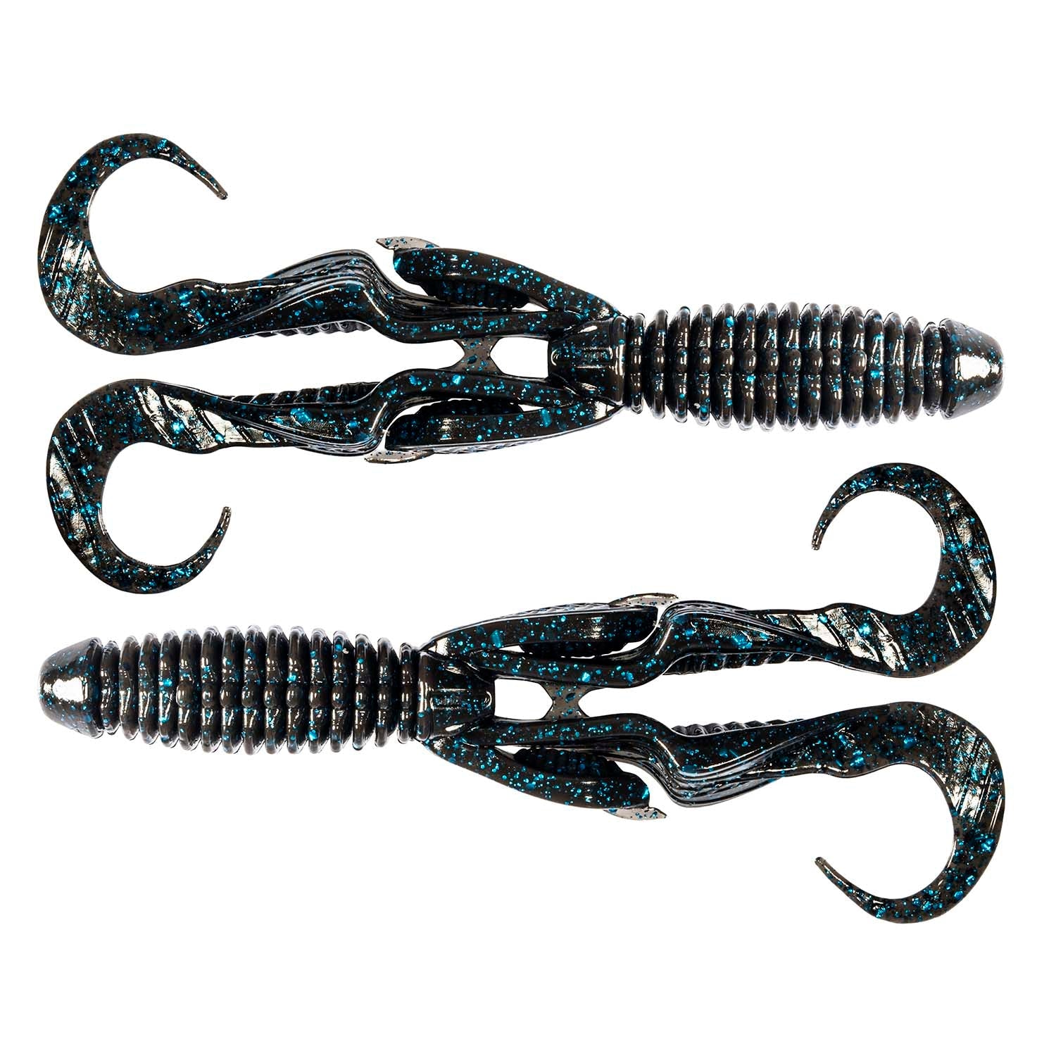 Gremlin soft plastic fishing lure, black and blue glitter body with ribbed twin tail fins