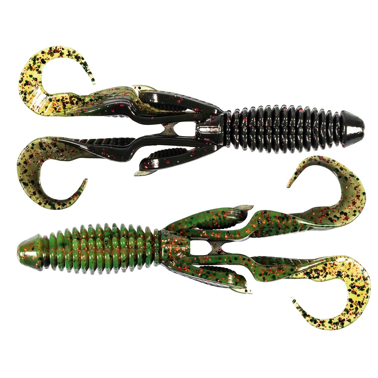 Gremlin soft plastic fishing lure, dark green and black with red speckles and curly tails