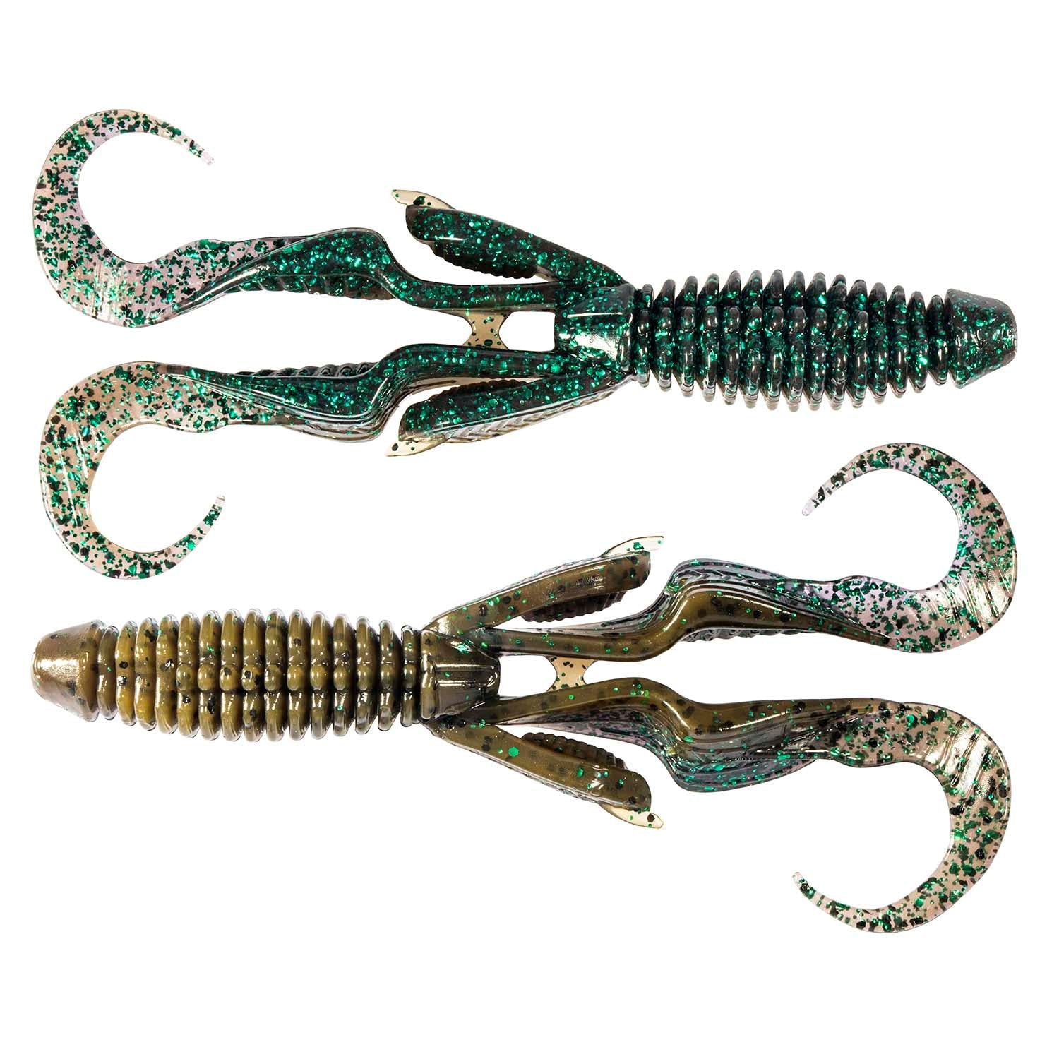 Gremlin soft plastic fishing lure, green and gold speckled body with teal glitter tail fins