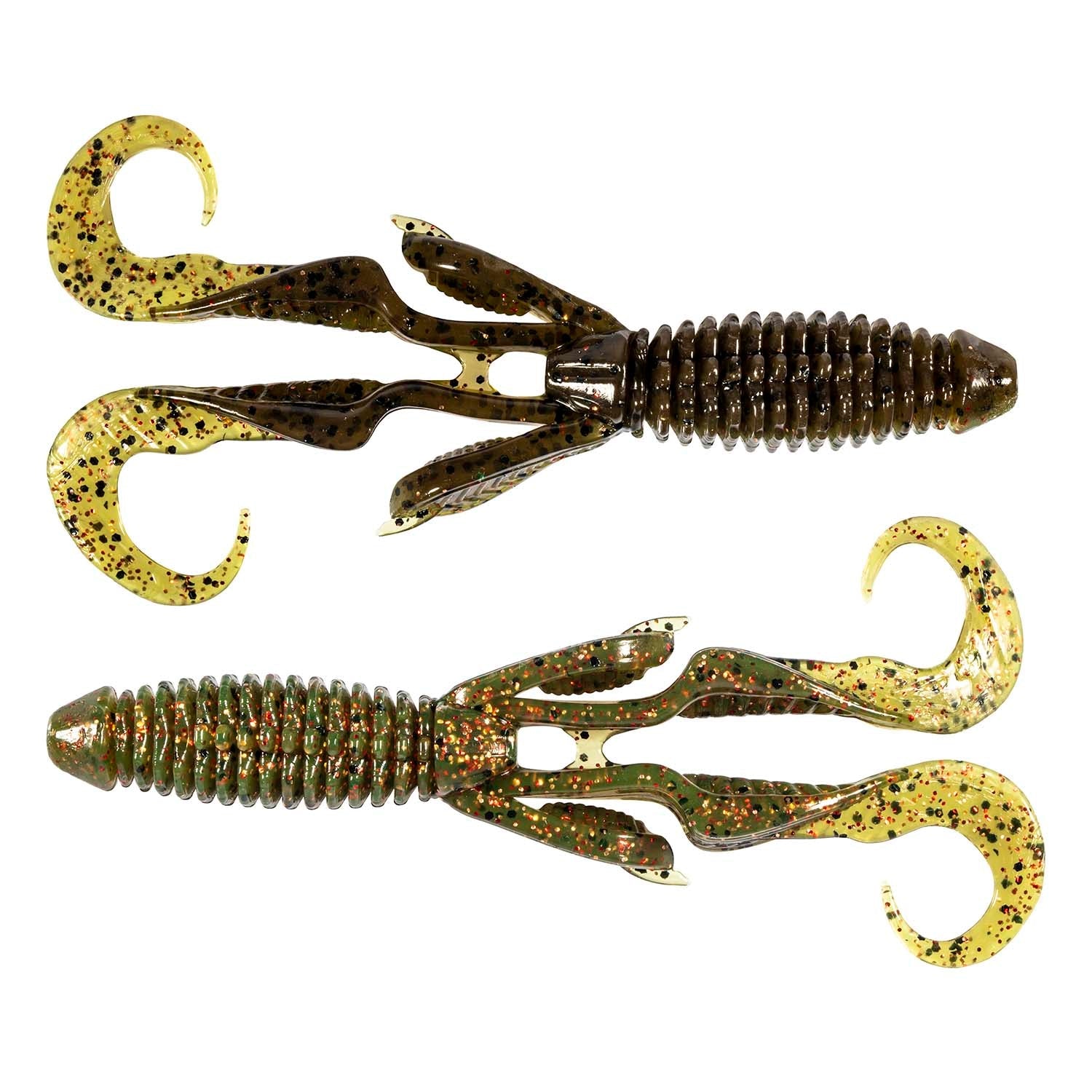 Gremlin soft plastic fishing lure, golden chartreuse speckled body with brown tail fins