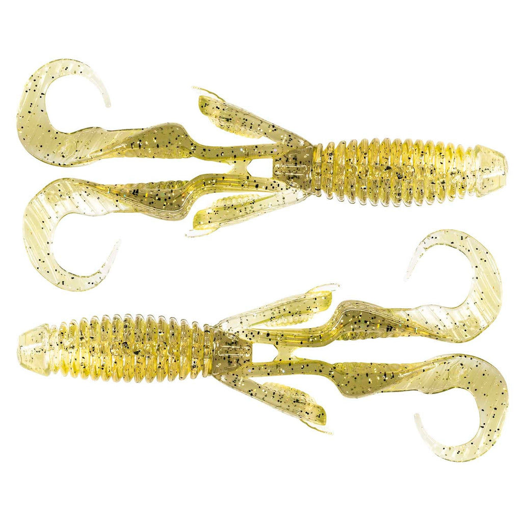 Gremlin soft plastic fishing lure, olive and yellow speckled body with curly tail fins