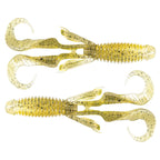 Gremlin soft plastic fishing lure, olive and yellow speckled body with curly tail fins