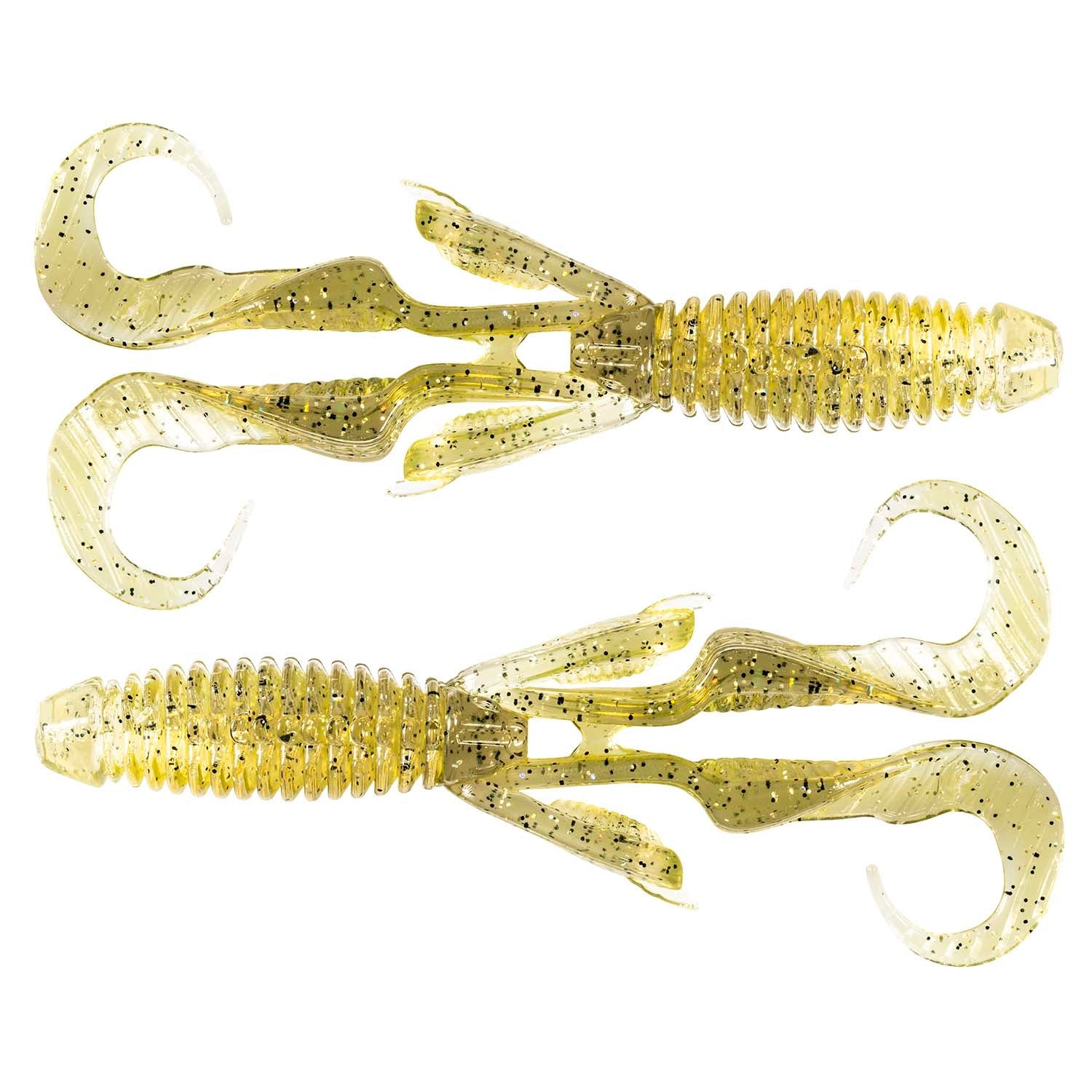 Gremlin soft plastic fishing lure, olive and yellow speckled body with curly tail fins