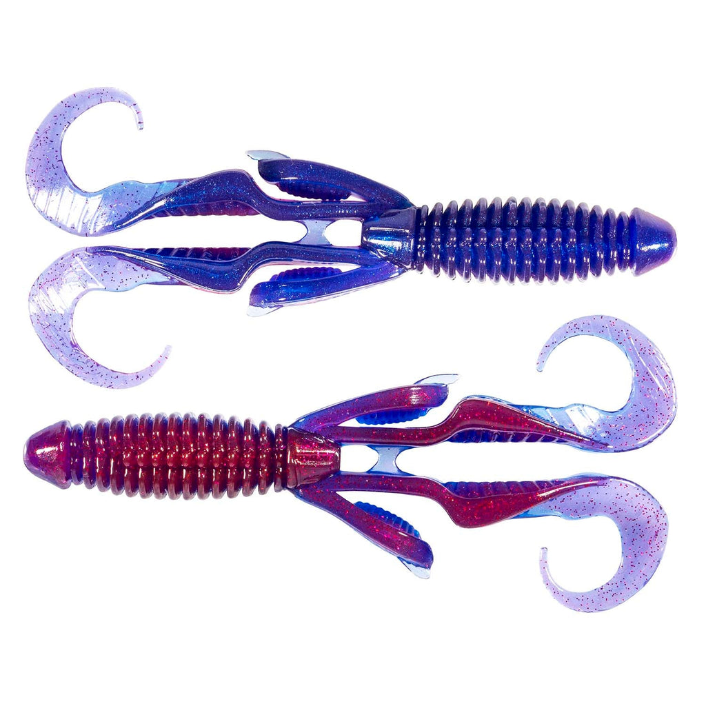 Gremlin soft plastic fishing lure, blue and purple glitter with translucent curly tail fins