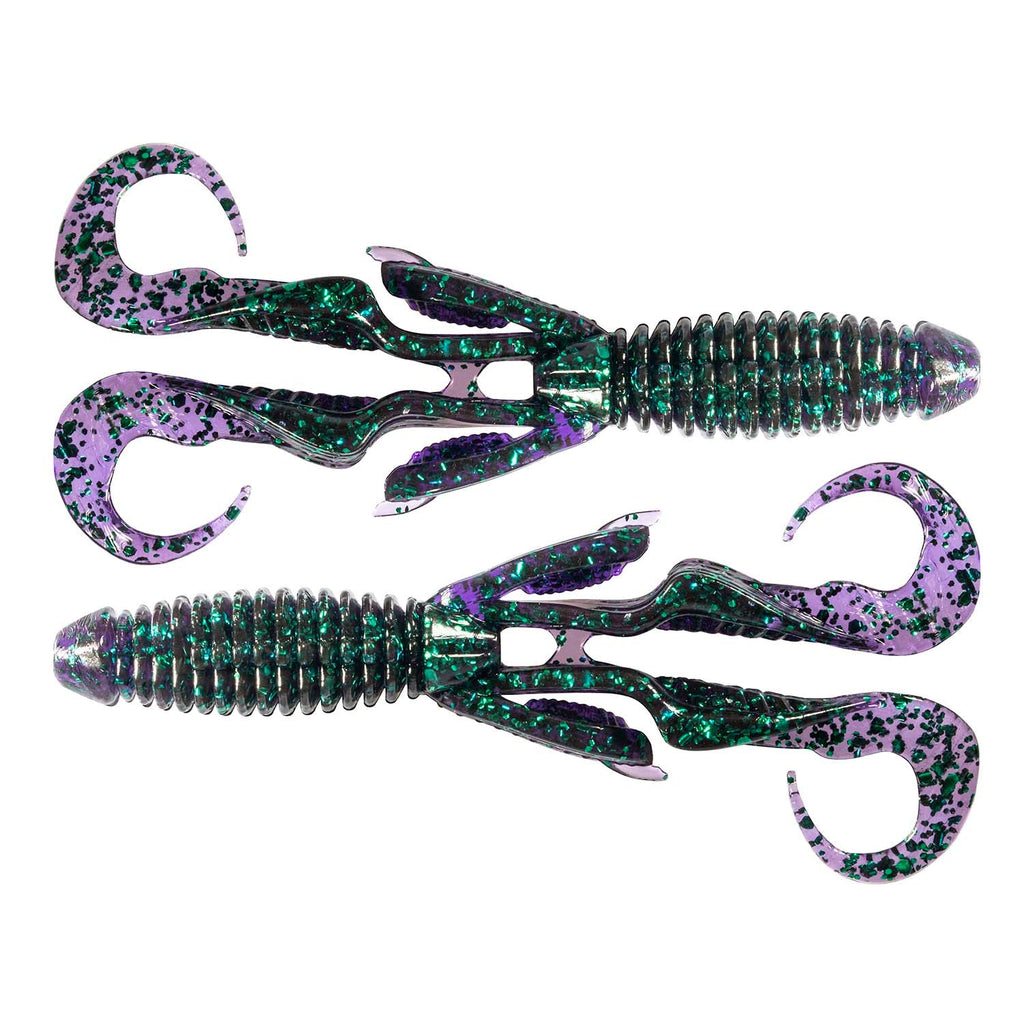 Gremlin soft plastic fishing lure, purple speckled body with teal glitter tail fins