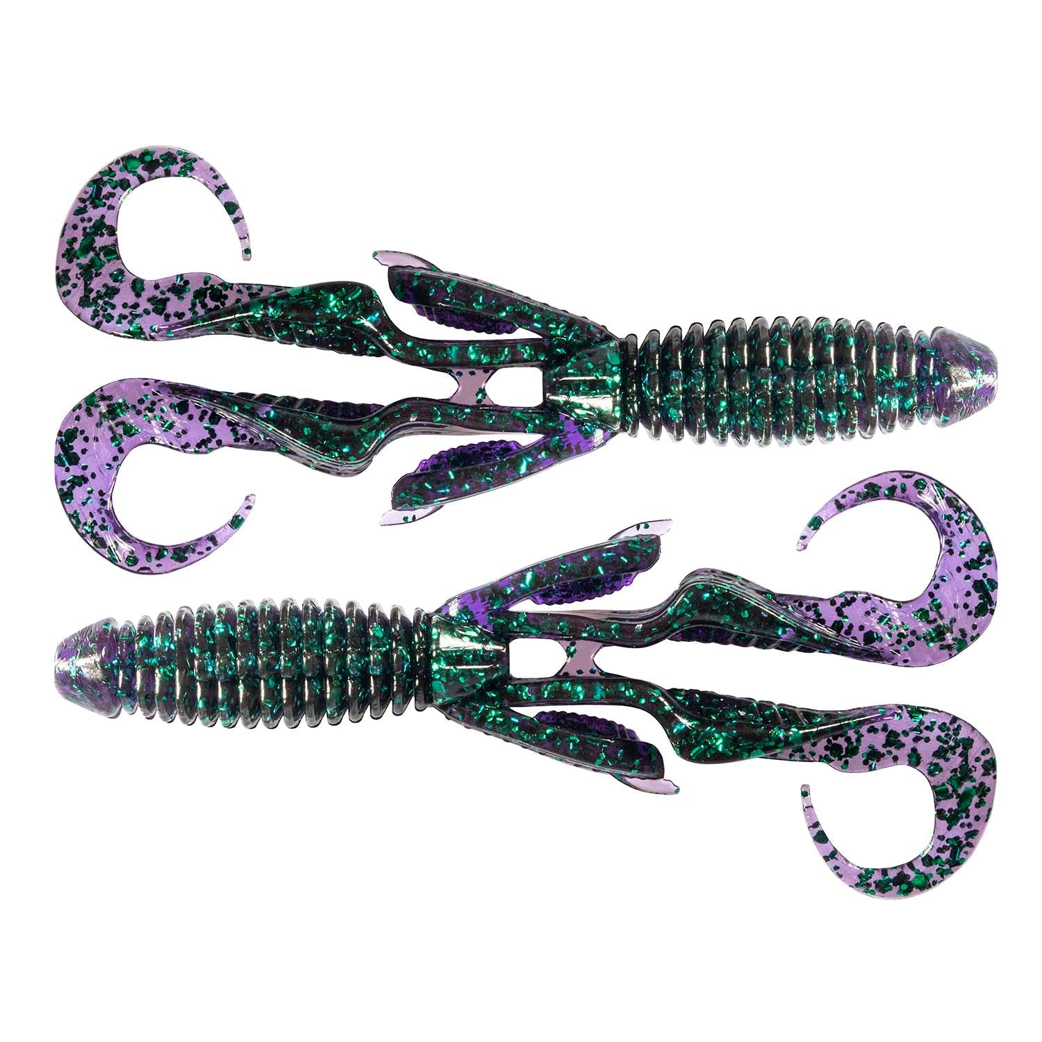 Gremlin soft plastic fishing lure, purple speckled body with teal glitter tail fins