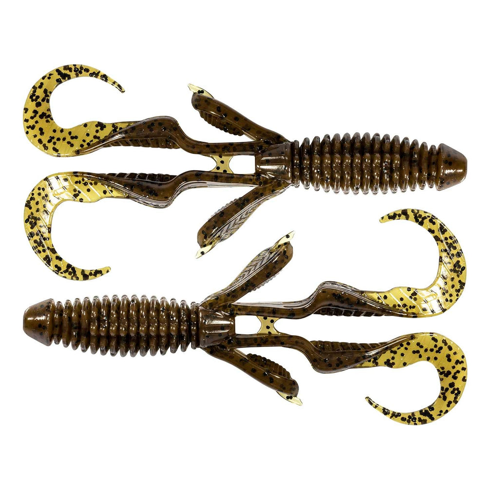Gremlin soft plastic fishing lure, dark brown with yellow speckles and curly twin tails