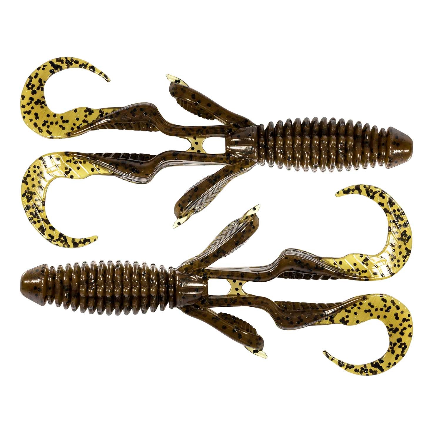 Gremlin soft plastic fishing lure, dark brown with yellow speckles and curly twin tails