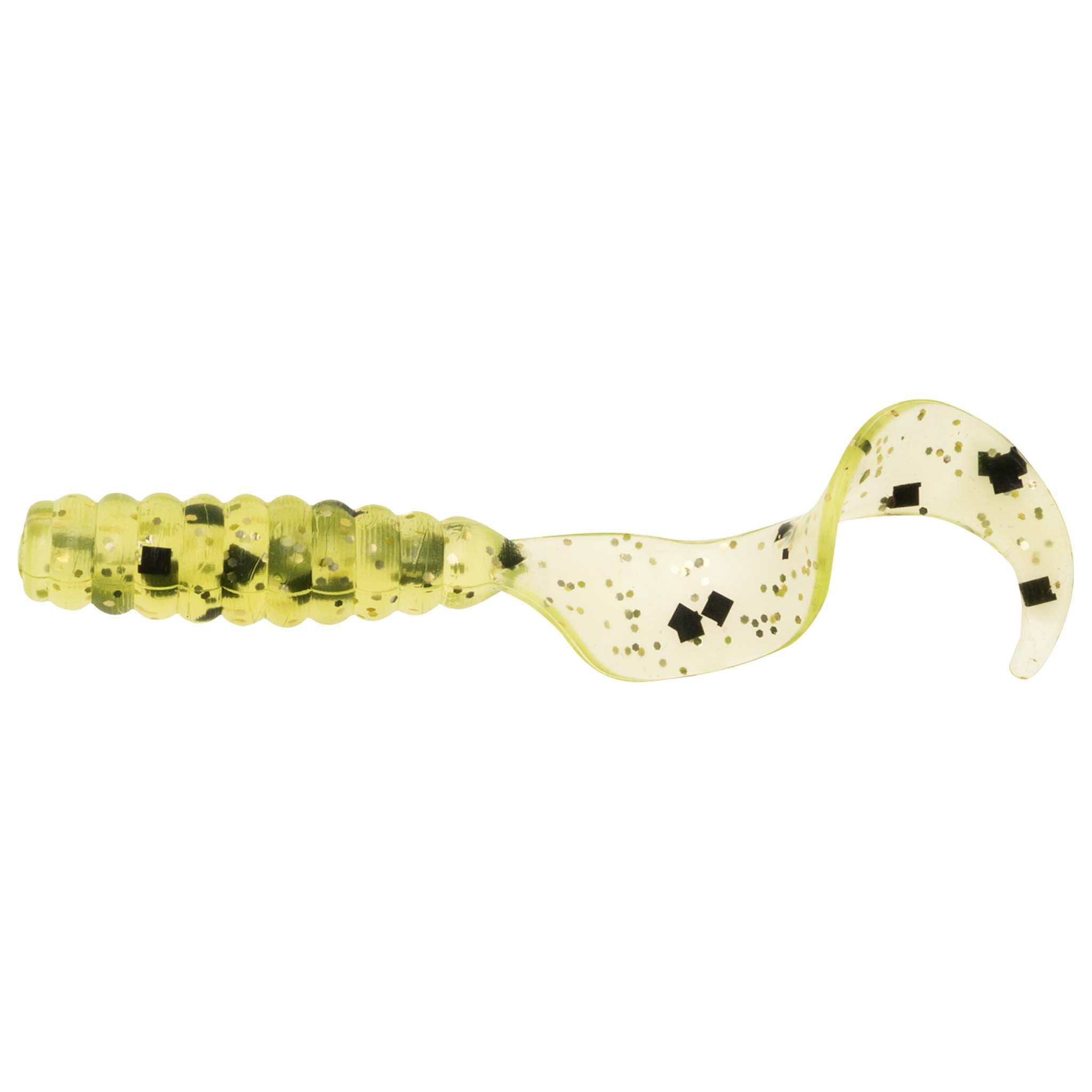 Speckled soft fishing grub lure with ribbed segmented body and curved paddle tail, yellow-green