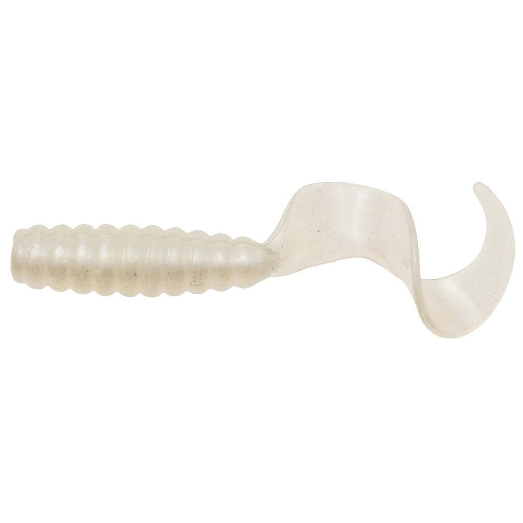 Translucent white soft fishing grub lure with ribbed segmented body and curved paddle tail