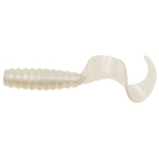 Translucent white soft fishing grub lure with ribbed segmented body and curved paddle tail