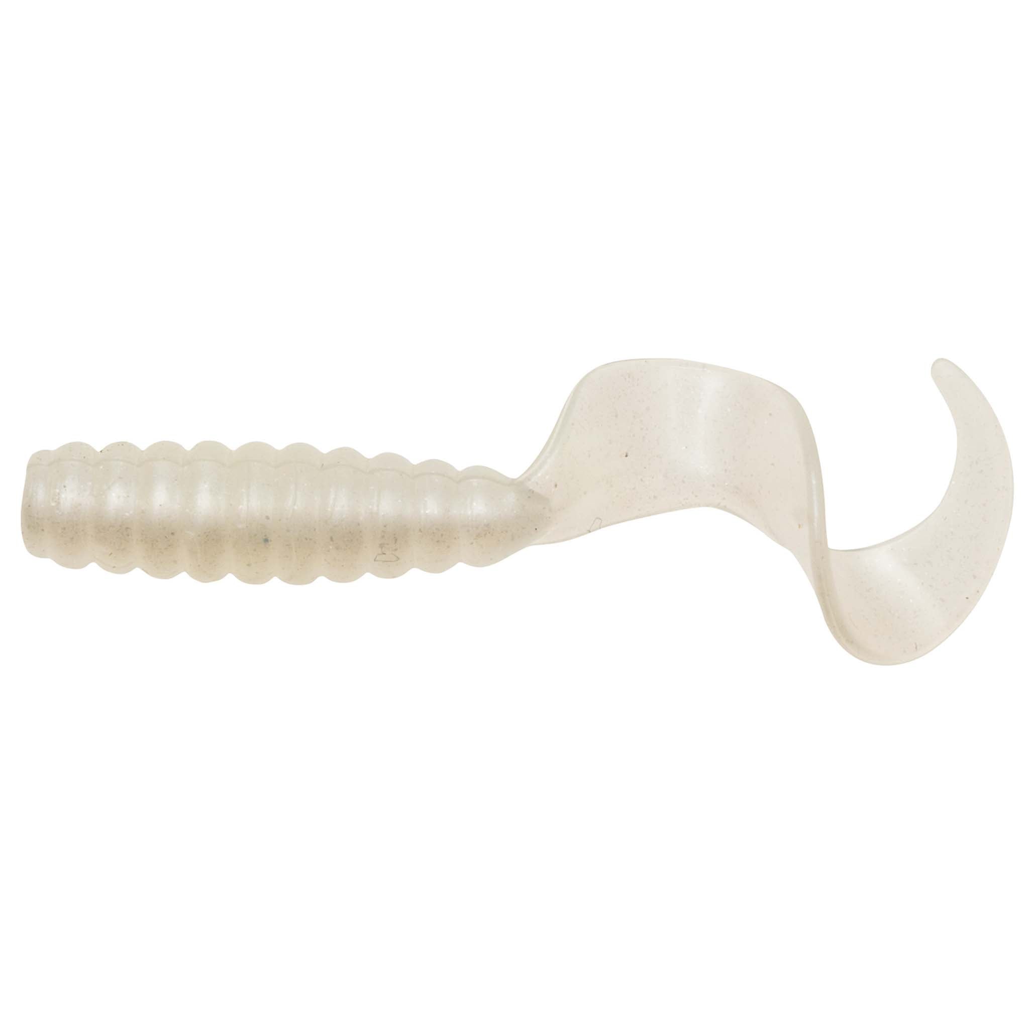 Translucent white soft fishing grub lure with ribbed segmented body and curved paddle tail