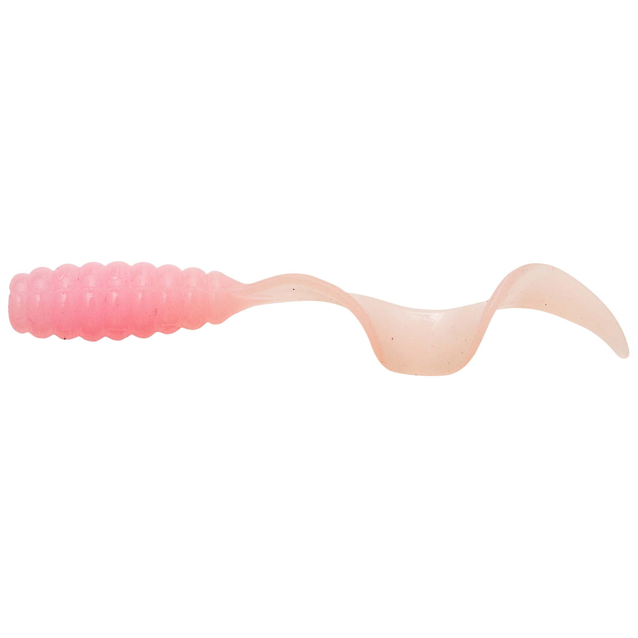 Translucent pink soft fishing grub lure with ribbed segmented body and curved paddle tail
