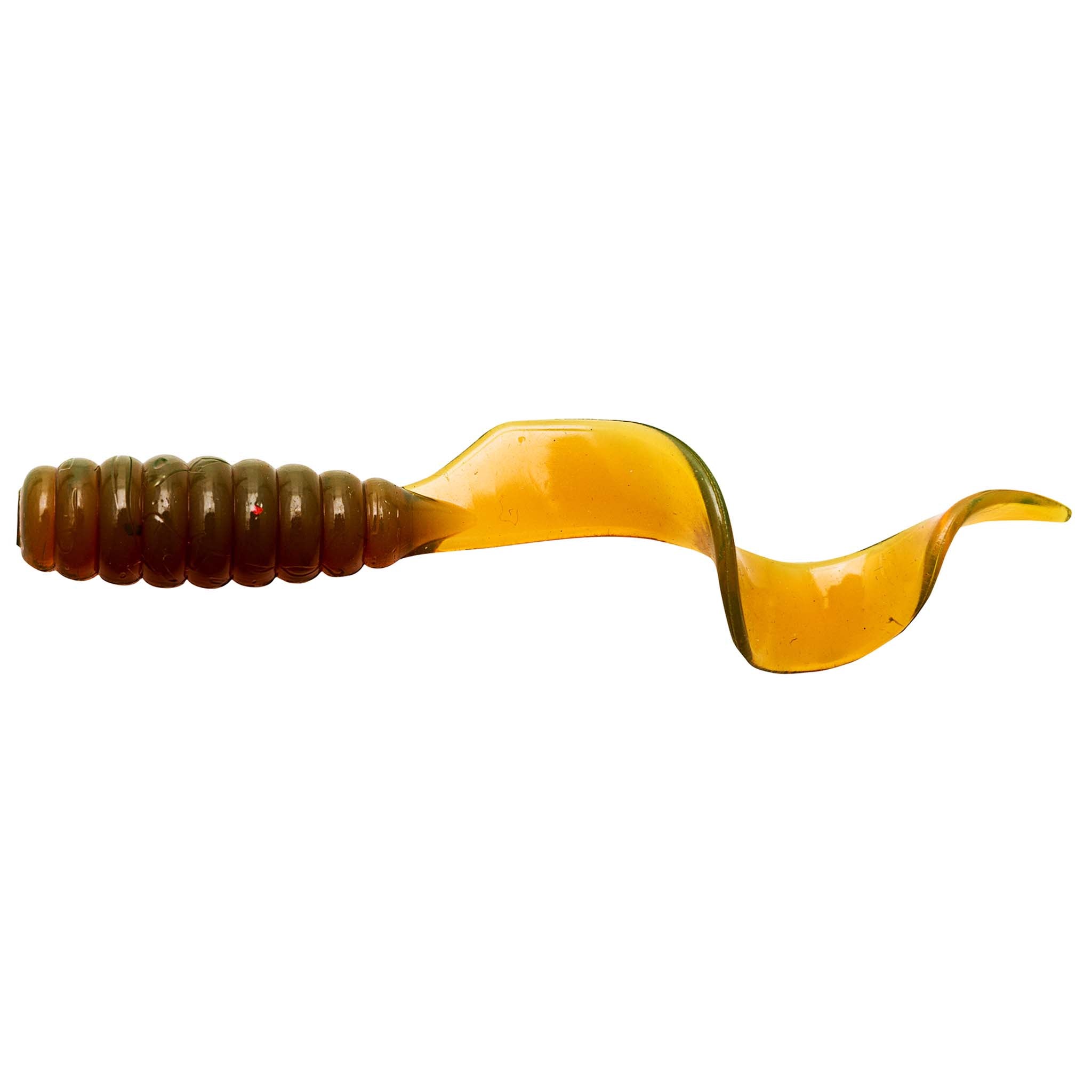 Amber soft fishing grub lure with ribbed segmented tail and curved paddle tail, yellow-orange