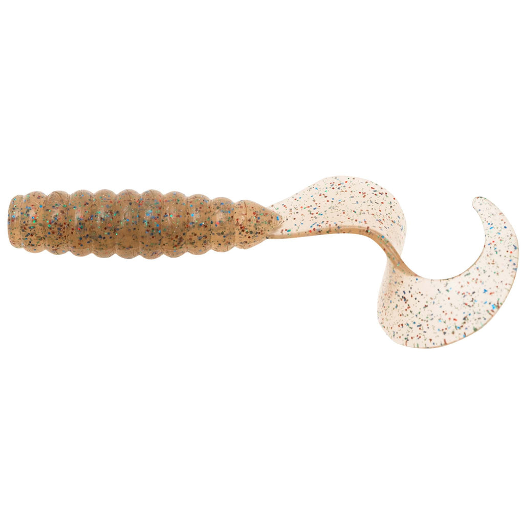 Speckled soft fishing grub lure with ribbed segmented body and curved paddle tail, tan and white