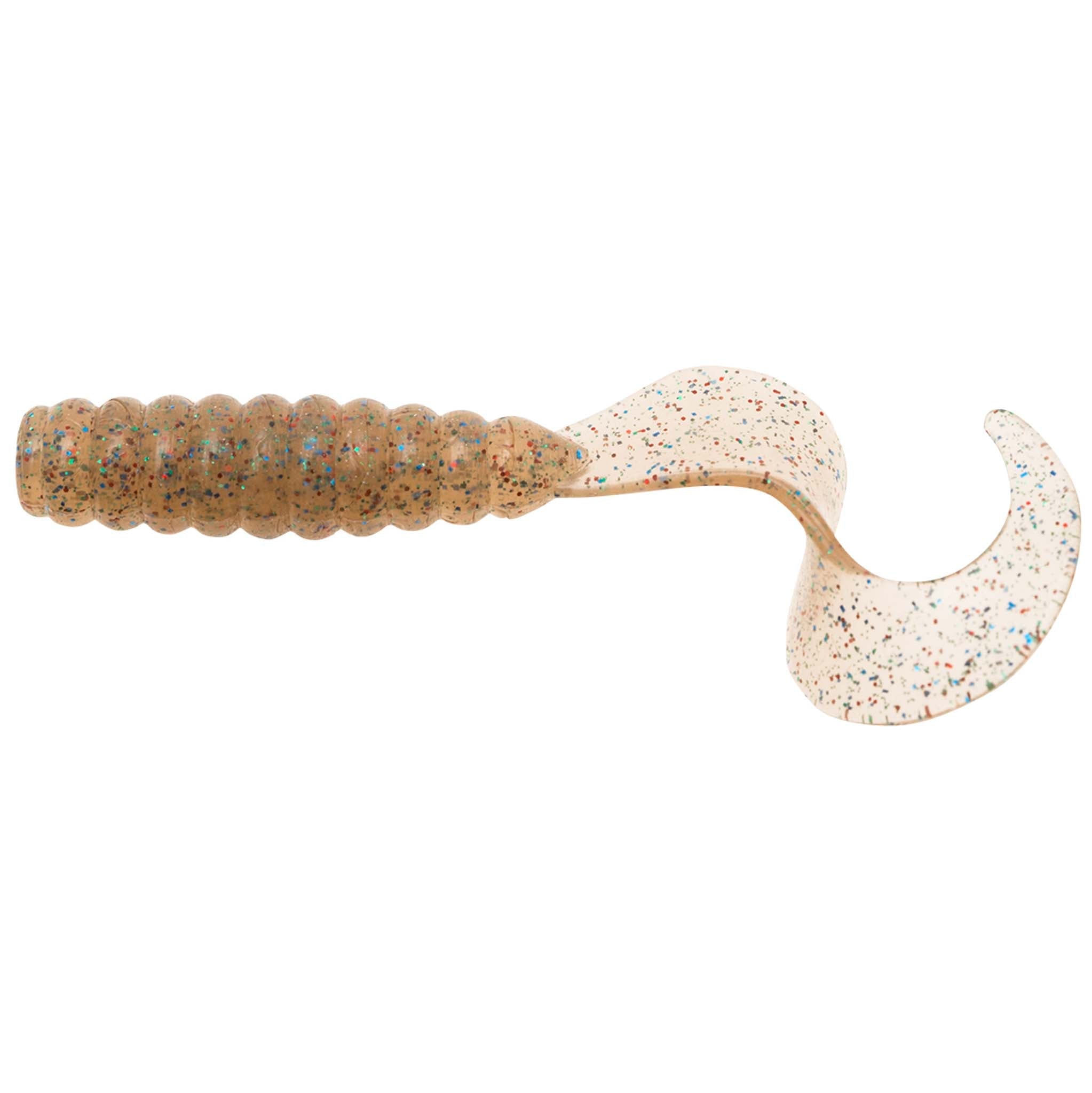 Speckled soft fishing grub lure with ribbed segmented body and curved paddle tail, tan and white