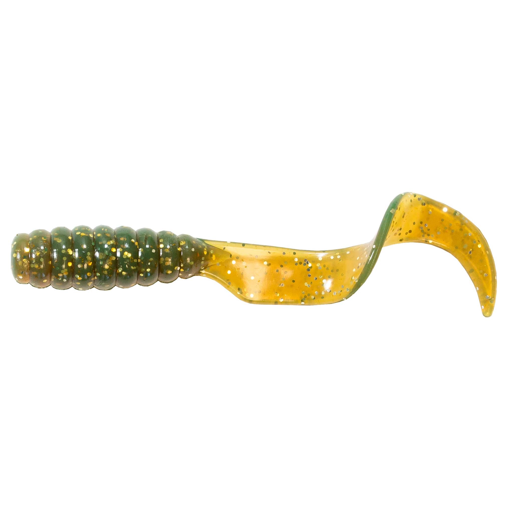 Gold glitter soft fishing grub lure with ribbed segmented tail and curved paddle tail