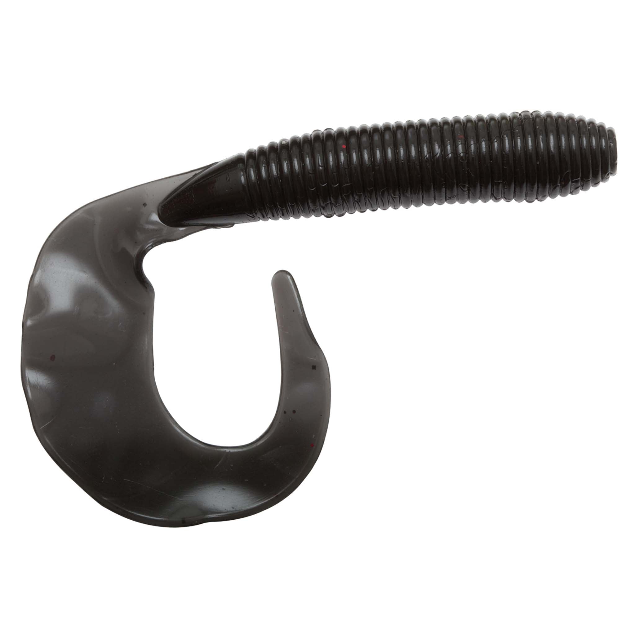 Dark gray soft fishing grub lure with ribbed segmented body and curled paddle tail