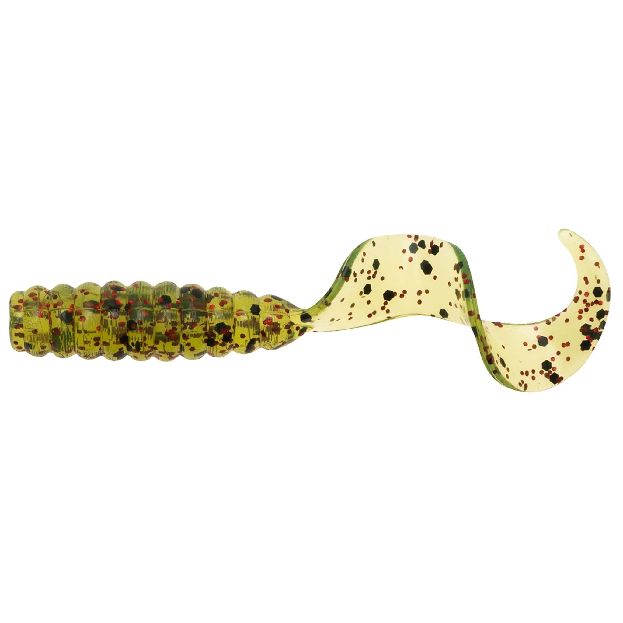Green speckled soft plastic grub lure with wavy fin tail and ribbed body