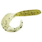 Chartreuse ribbed soft plastic grub lure with white curved head and dark speckles