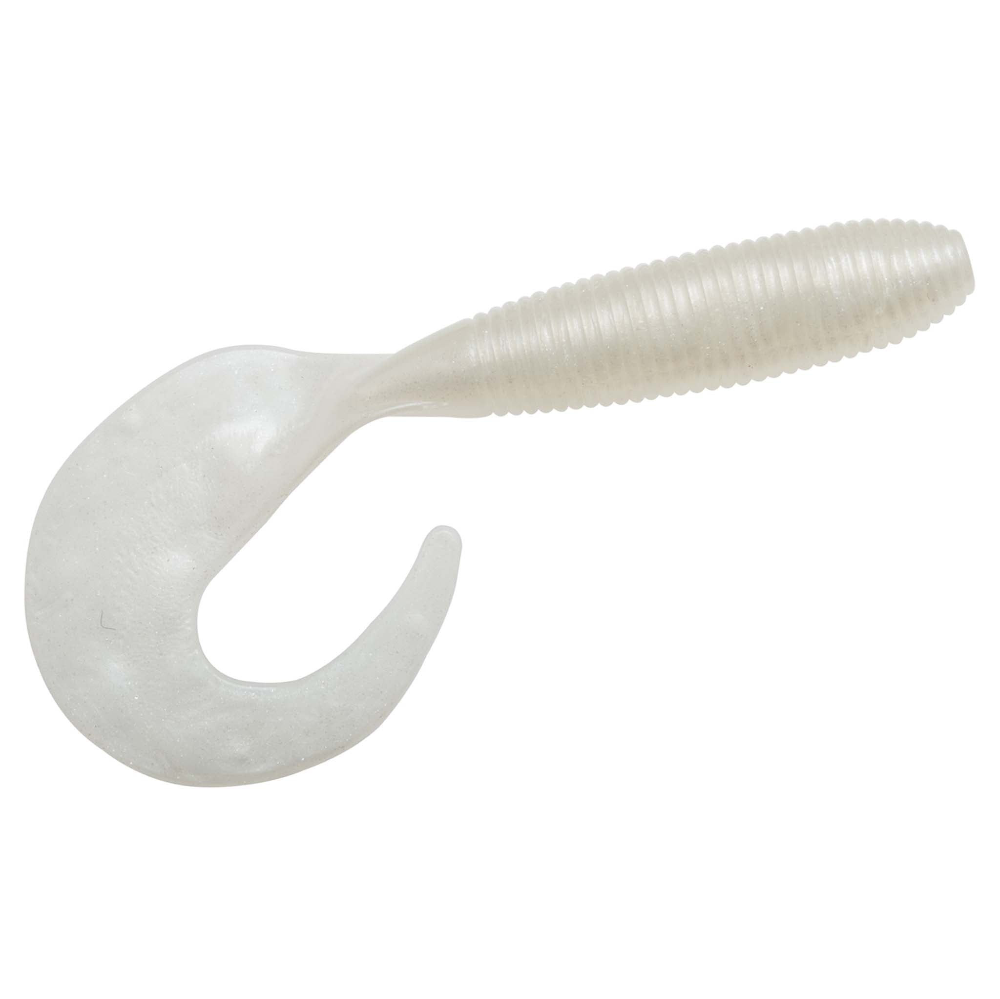 Translucent white soft plastic grub lure with ribbed body and curved fin tail