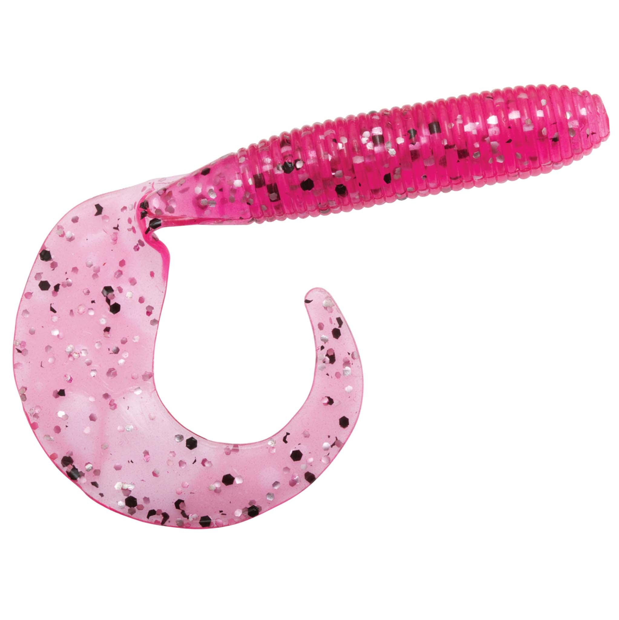 Pink glitter speckled soft plastic grub lure with ribbed body and curled fin tail