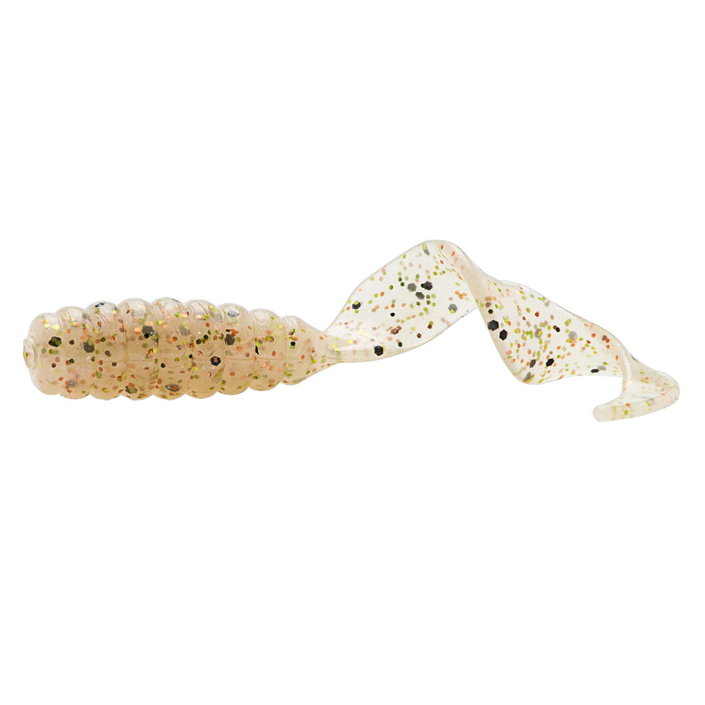 Cream and gold speckled soft plastic grub lure with ribbed body and curled fin tail