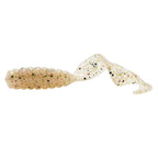 Cream and gold speckled soft plastic grub lure with ribbed body and curled fin tail
