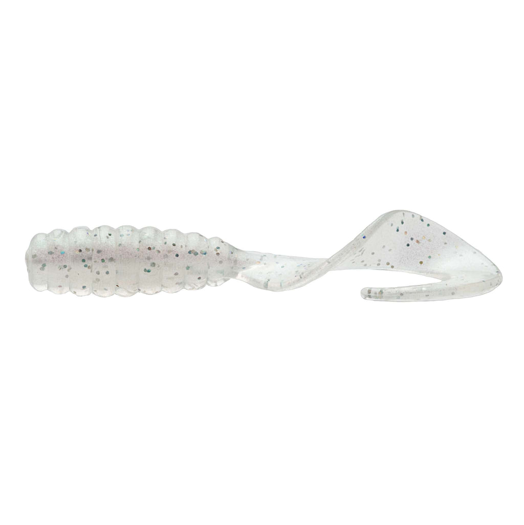 Clear white soft plastic grub lure with subtle dark speckles and ribbed body