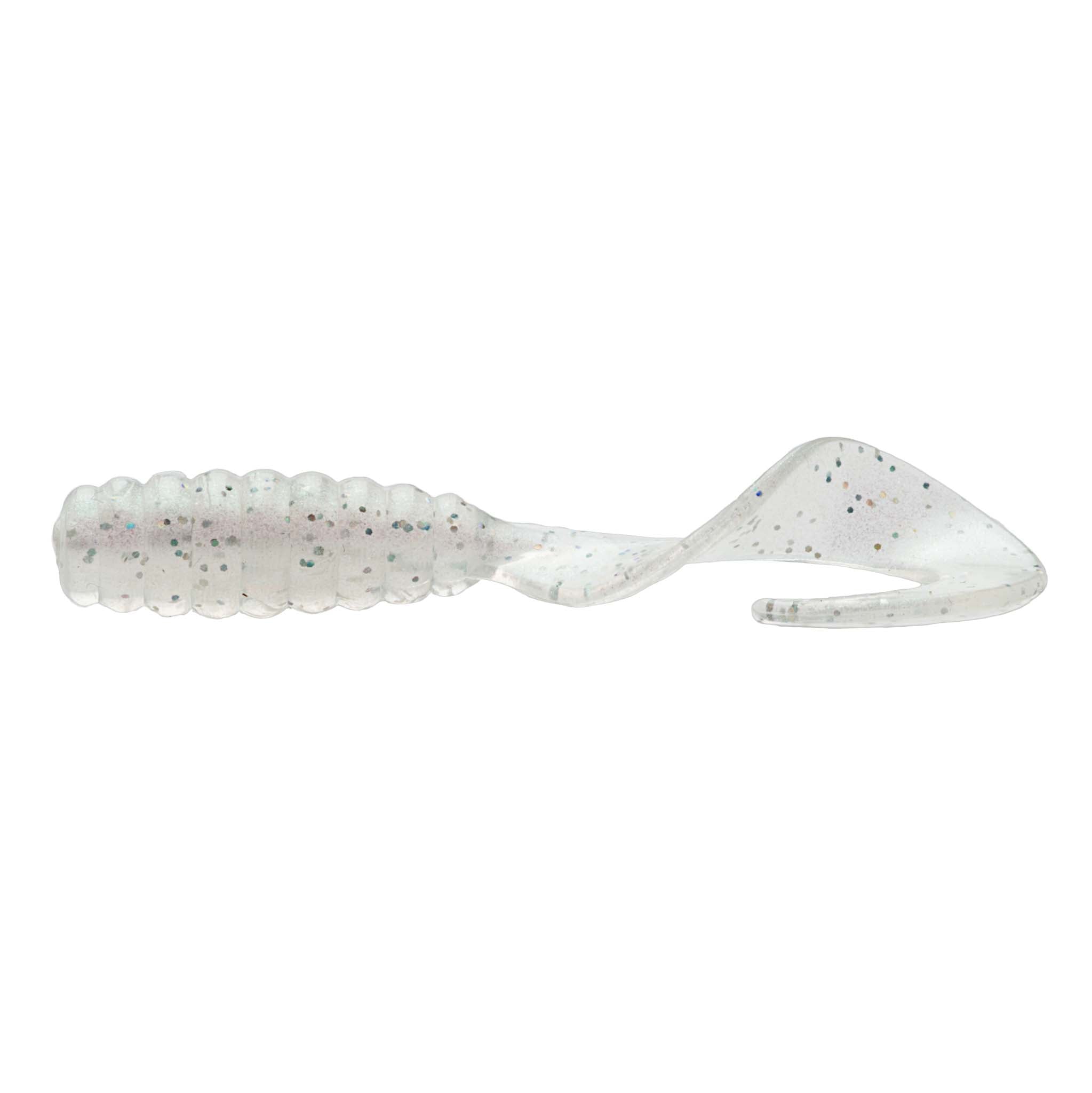 Clear white soft plastic grub lure with subtle dark speckles and ribbed body
