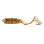 Tan and speckled soft plastic grub lure with ribbed body and curved fin tail