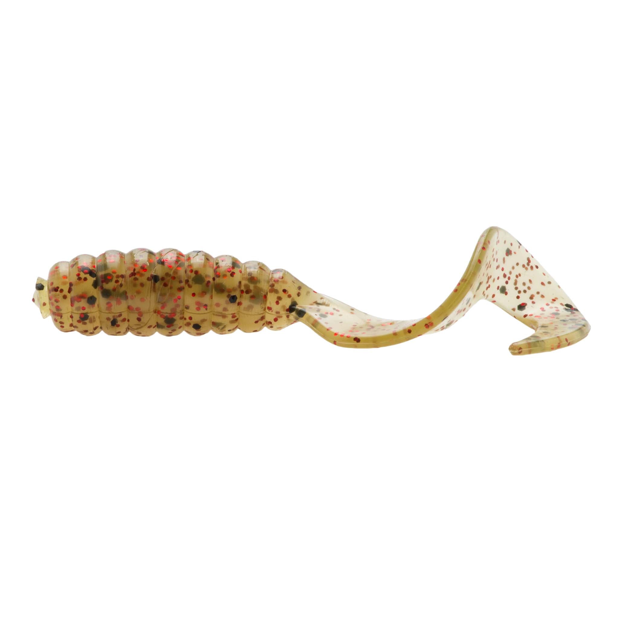 Tan and speckled soft plastic grub lure with ribbed body and curved fin tail