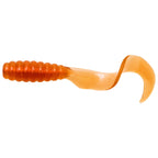 Orange translucent soft plastic grub lure with ribbed body and curled fin tail