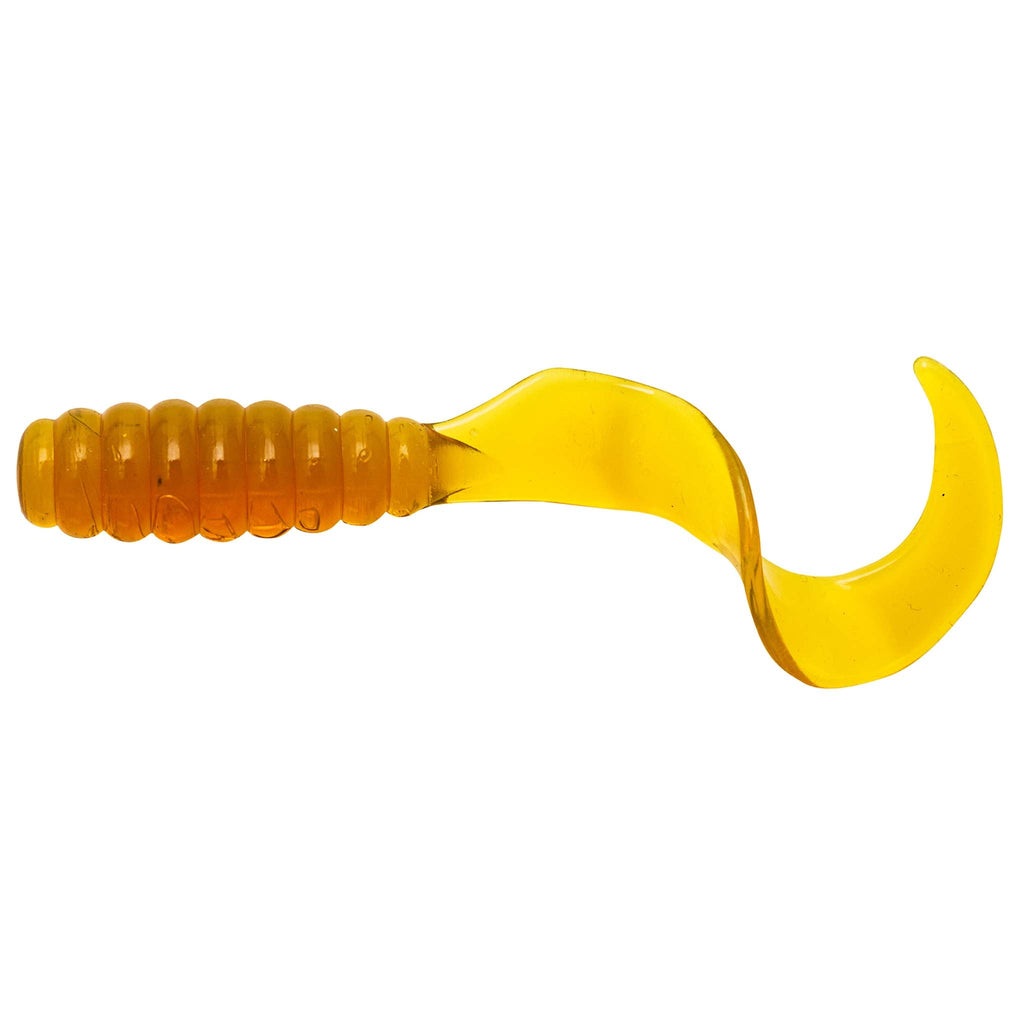 Yellow-orange grub soft fishing lure with segmented body and curled tail.