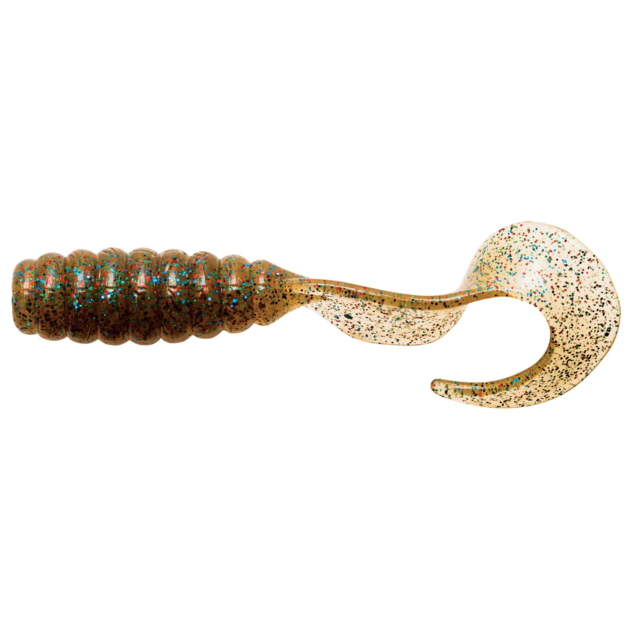 Speckled brown-and-tan grub soft fishing lure with white paddle tail.